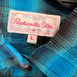 Panhandle Slim Teal Plaid Women's Button-Down Shirt Size: Large